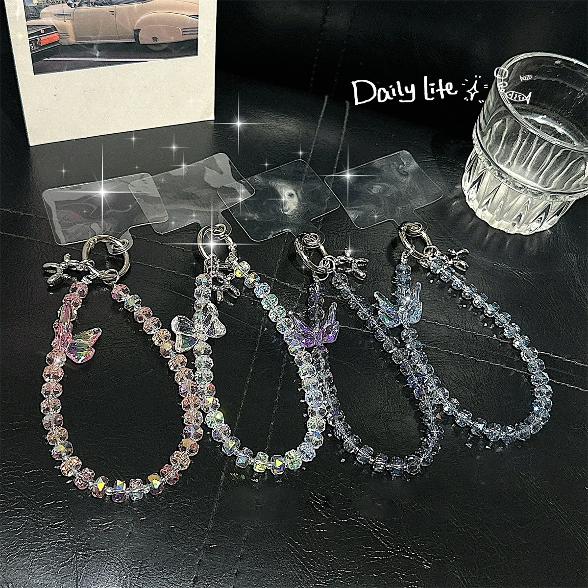 Luxury Colorful Butterfly Crystal Bead Phone Bracelet Strap Charm Chain Knot Cellphone Lanyard Keychain Bag Camera keychain Pend