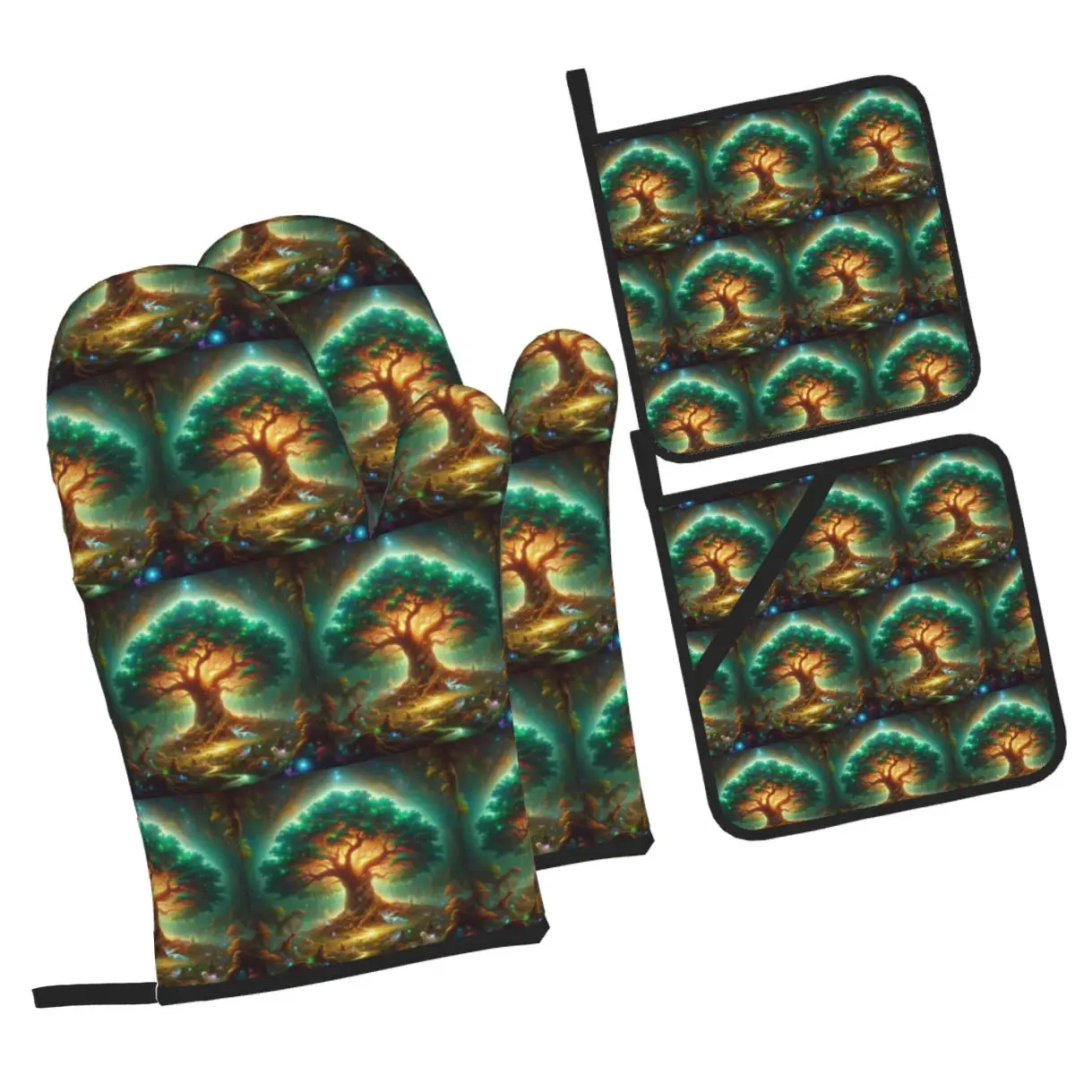 Enchanted Tree Of Life Oven Mitts and Pot Holder Sets of 4 for Baking Kitchen Cooking BBQ Resistant Non-Slip Gloves