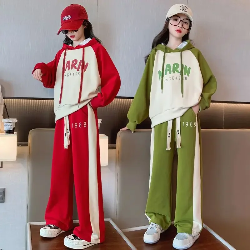 

2024 New Spring Autumn Fashion Hooded Tracksuit Sport Suits Children Clothing Girls Sweatshirts +Pants Kids Suits 2PCS/Set 5-16Y