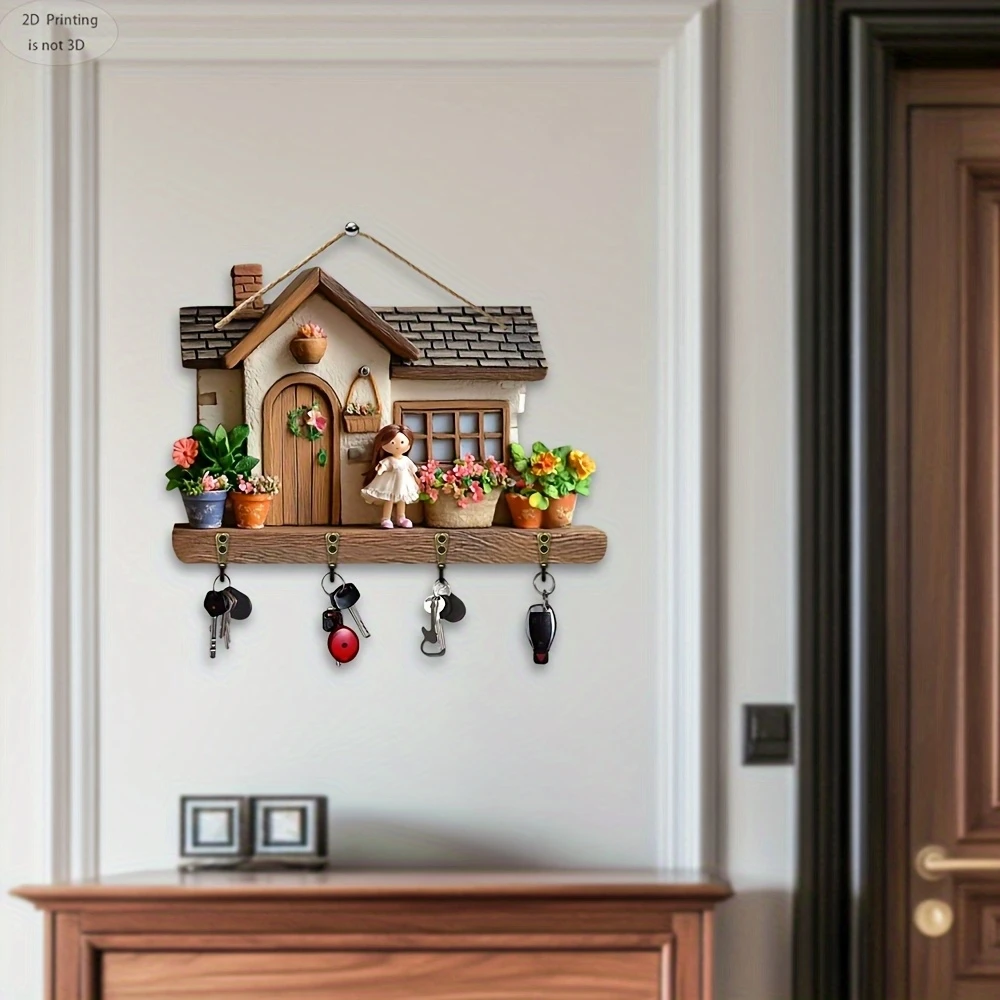 

2D Planar Cute Villa Wooden Multi-functional Home Key Holder 12in Four Metal Hooks Key Hangers Wall Porch Room Decorate