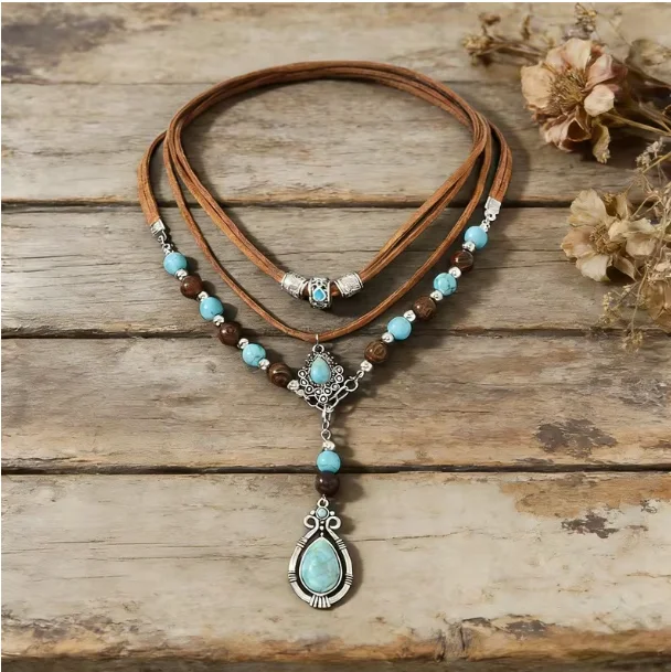 4pcs Women Bohemian Turquoise Jewelry Set Multi‑layer Pendant Necklace Cactus Charm Bracelet Retro Ethnic Cowgirl Party Jewelry