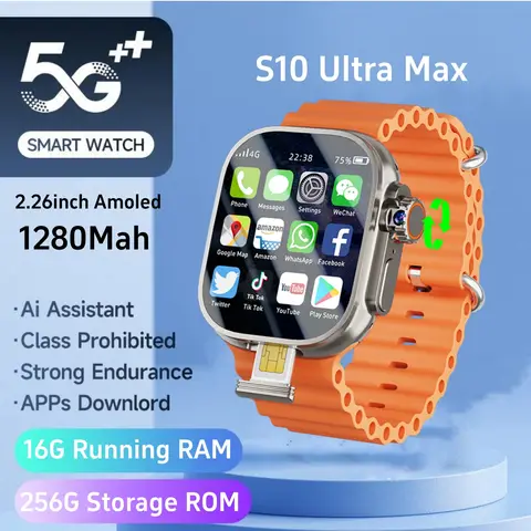 GoldenSpike S10 Ultra Max 스마트 시계 5G 안드로이드 스마트워치, 2.26인치 Amoled 스크린 800W 로터리 카메라 Simcard 슬롯 영상 통화