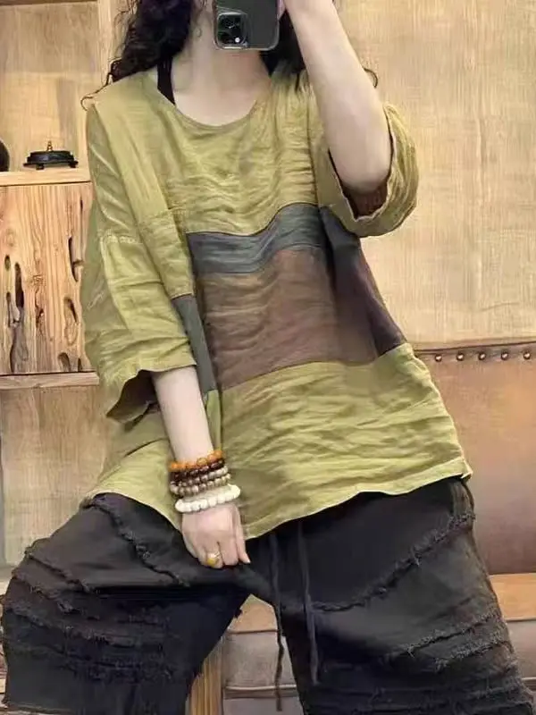 T-shirt da donna in lino vestibilità ampia con giunture rotonde retrò, top estivo casual, abbigliamento femminile allentato artistico di grandi dimensioni