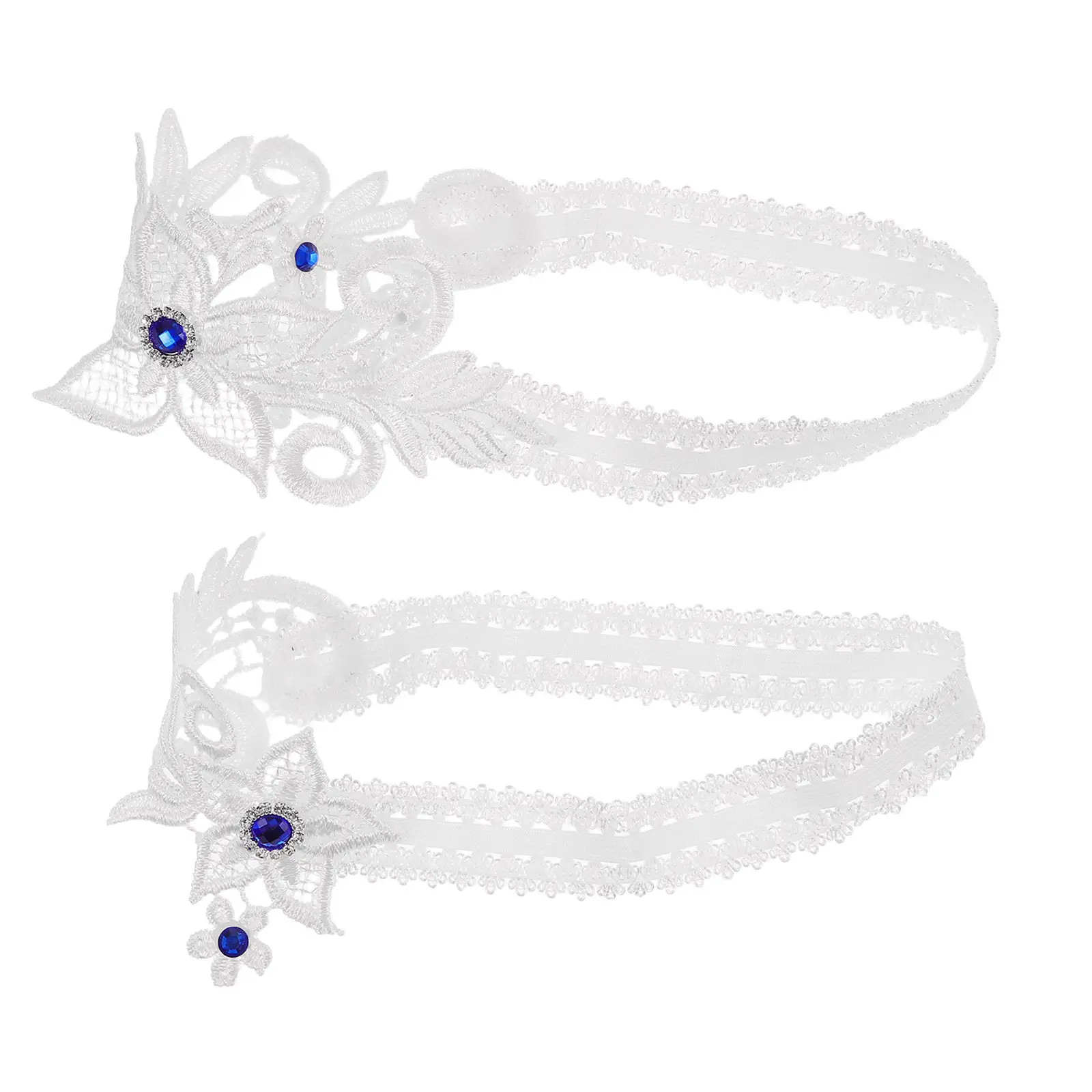 2Pcs Wedding Bridal Garter Set White Lace Leg Garter Belt Stretchy Comfort Fit Sapphire Blue Rhinestone Detail Bride Wedding Day