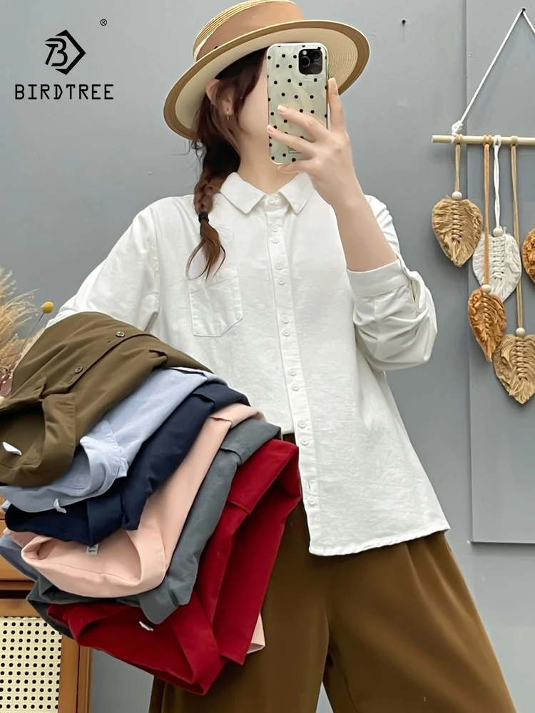 

Новая хлопковая рубашка с длинным рукавом и начесом на весну 2026 года, женская, с отложным воротником и карманами, в стиле Mori Girl, базовая, свободная блузка для повседневной носки T61357CC