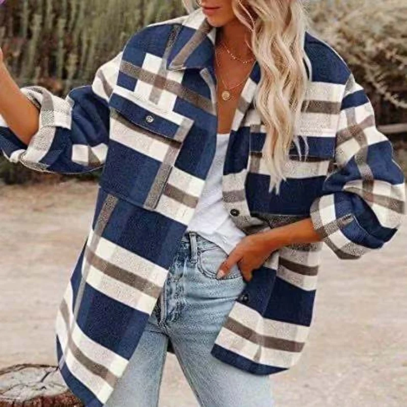 

Autumn/winter women's long sleeved loose plaid woolen coat