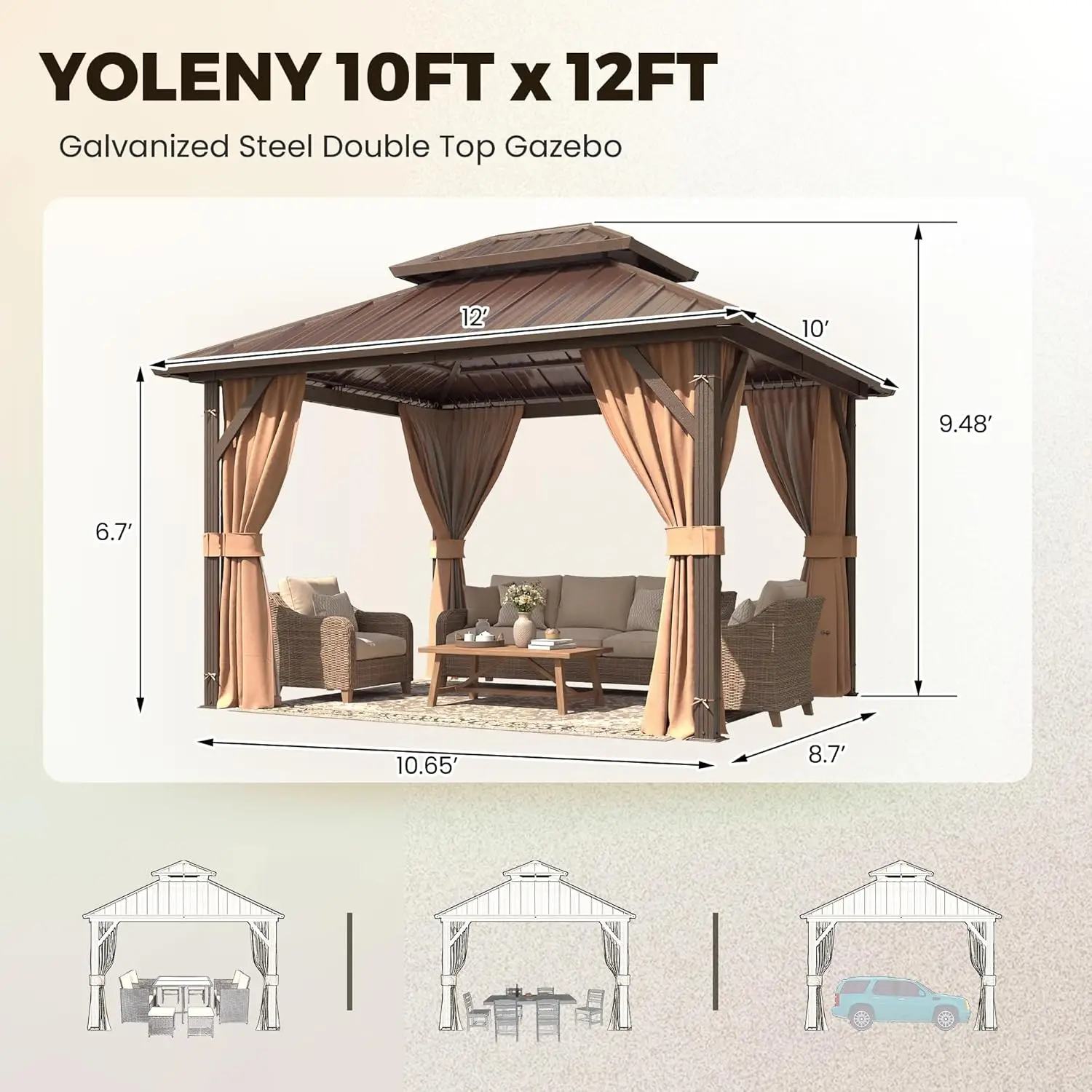 Customized Metal Gazebo, Aluminum Frame with Double Galvanized Steel Roof, Curtains and Netting