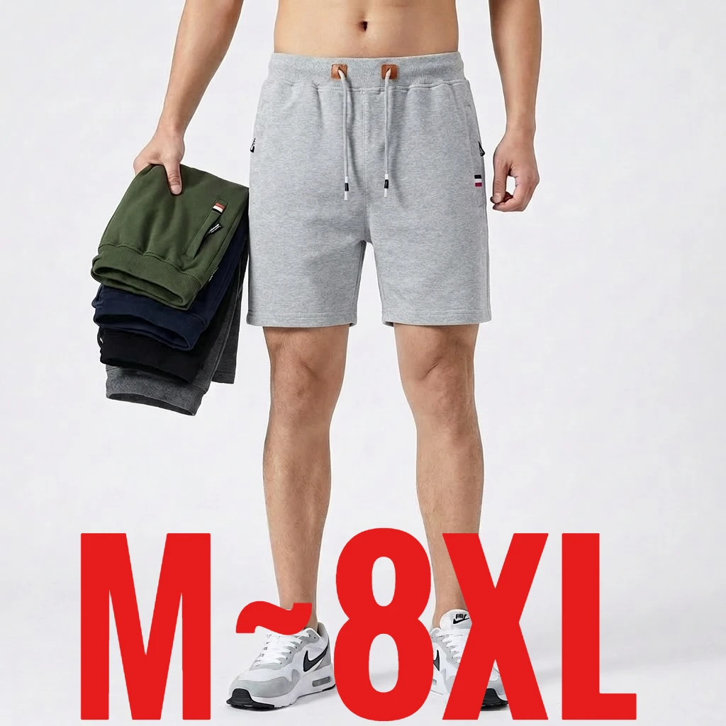 

Мужские летние хлопковые шорты-бермуды до колена с эластичным поясом, большие размеры (до 8XL), для спорта, тренажерного зала, бега, фитнеса, с карманами на молнии