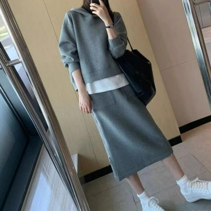 2 Piece Sets Women Trendy Casual Streetwear Y2K Oversized Hooded Sweatshirts 2023 Autumn Gray High Waist Split Midi Skirt Outfit