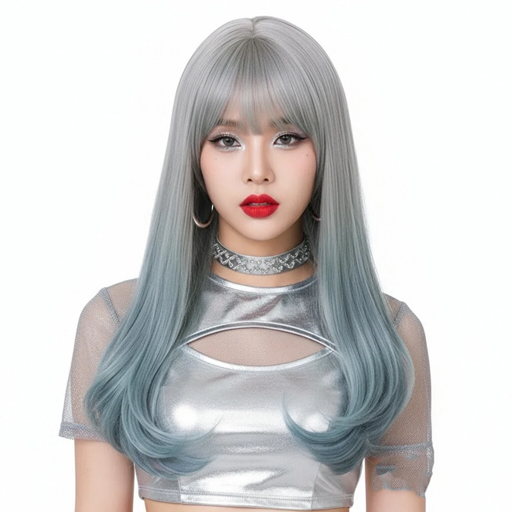 

VICWIG Длинный стиль Лолиты, серый градиент, синий, прямые синтетические волосы, парик для косплея с челкой для женщин