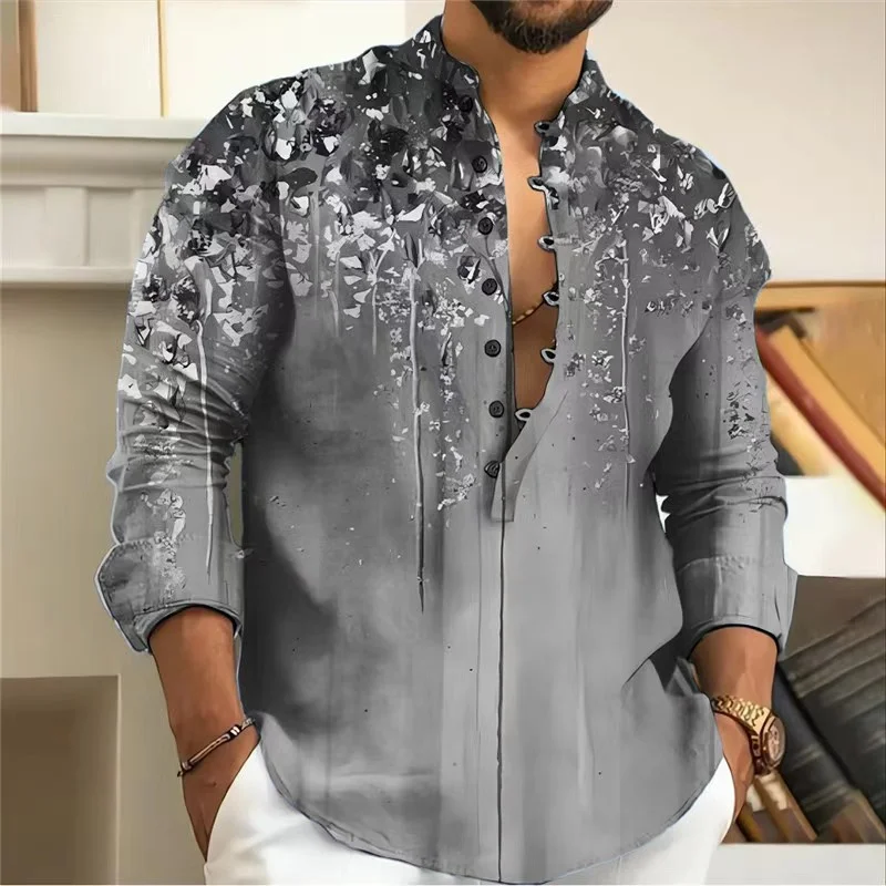 Men\'s Long Sleeve Button Down Shirt Fashion Casual Loose Henley V Neck Beach Top T Shirt 2024 Spring Autumn As Gift