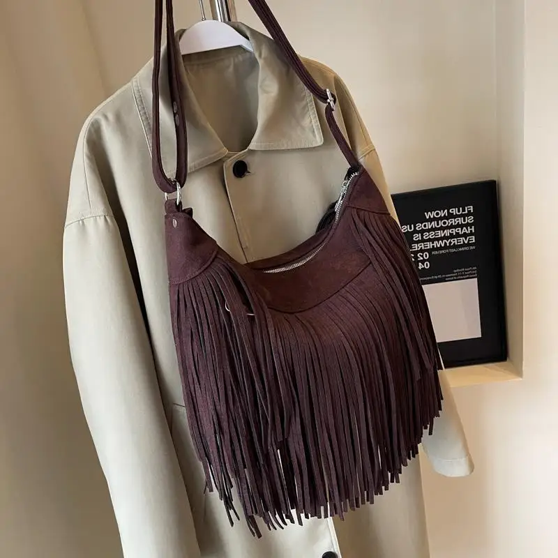 

Retro Western Cowboy Tassel Bag Large Crossbody Bag for Women Travel Faionable Ethnic Wave Sia Sle PU Leather Bag