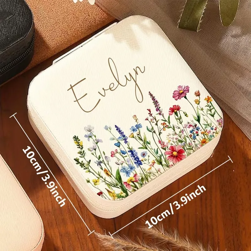 Personalized Jewelry Box Featuring a Wildflower Field Design in Beige, Equipped with a Zipper Closure. Ideal for Custom Names