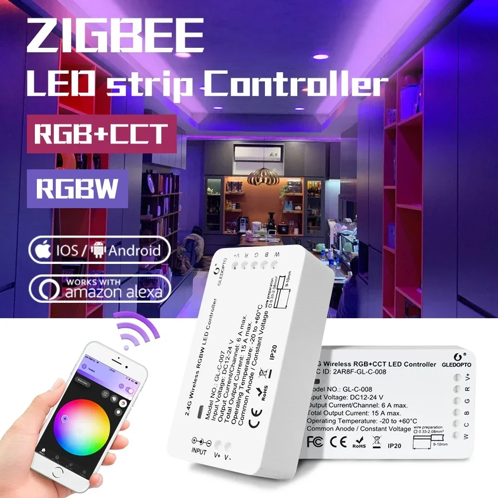 GL-C-006/007/008/009 Zigbee3.0 RGB+CCT RGBW WW CW ZigBee Smart LED Strip Controller Voice Control Work with Smart APP Echo Plus