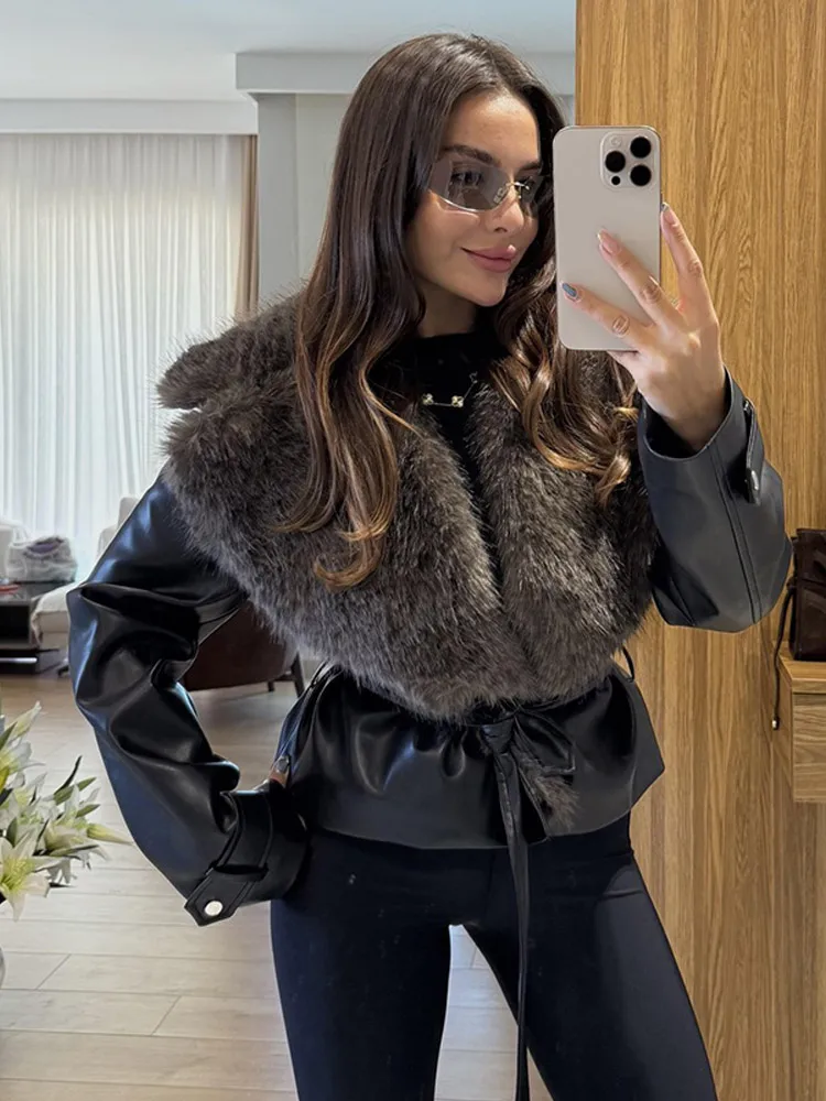 

Women Retro Pu Faux Leather Short Jacket Full Sleeves With Belt Fur Collar Zipper Mini Coats 2025 Lady Winter New Street Wear