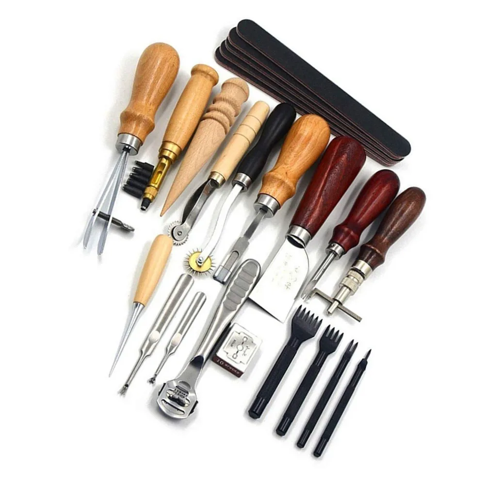 23pcs Awl Stylus Leather Craft Punch Tools Waxed Thread Carving Stitching Leather Stitching Tools Thimble Included