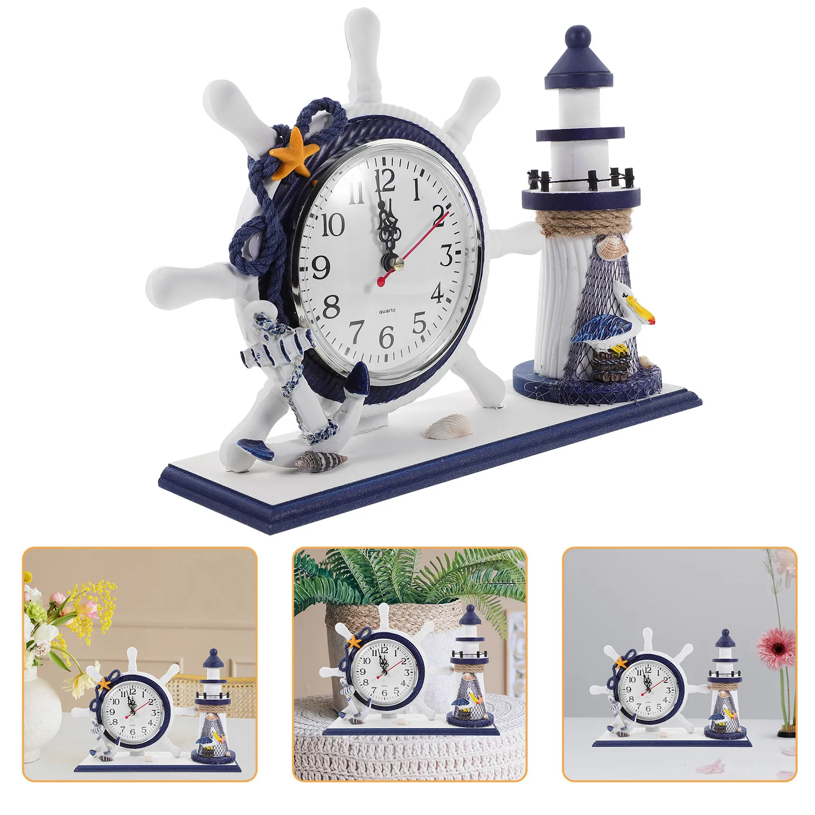 1Pcs Mediterranean Lighthouse Clock Ocean Style Decorative Desktop Ornament for Living Room Home Office Car Showcase Artistic