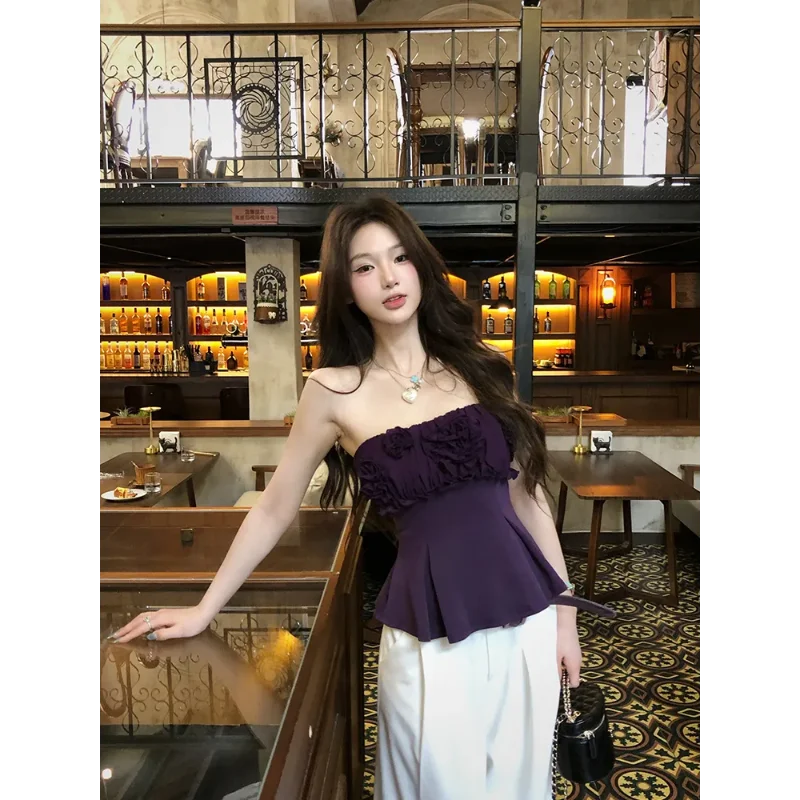 

Женский топ без бретелек с рюшами и цветочной отделкой, топ с баской, облегающий топ без рукавов, элегантная вечерняя блузка