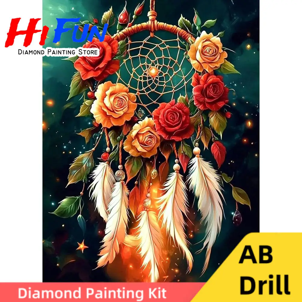 

Bohemian Dream Catcher Blossoms Art 5d Diamond Painting Kits AB Drills Living Room Floral Feather Pink Wall Art Bedroom Decor