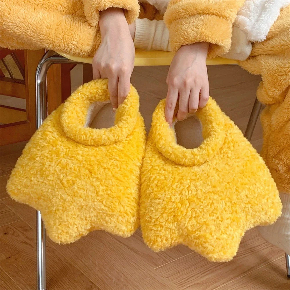 Warm Plush Funny Duck Claws Slippers for Women Winter Cartoon Cotton Shoes Full Coverage Yellow Color  Girls Indoor Home Slipper