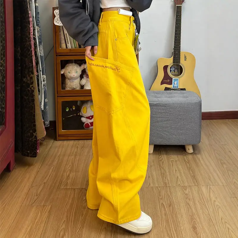 

American retro yellow embroidered scythe jeans for women, spring/summer design, loose-fitting workwear scythe pants2025
