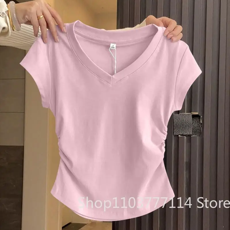 Summer Women's Short Sleeved T-shirt Solid Color Slim Fit V-neck Lightweight and Slimming Casual Versatile Basic Women's Top