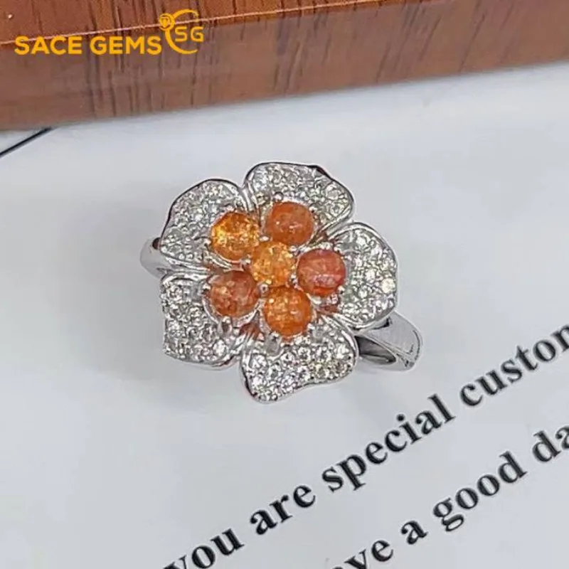 

SACEG EMS New Arrival 925 Sterling Silver Certified 3MM Natual Sunstone Rings for Women Engagement Cocktail Party Fine Jewelry