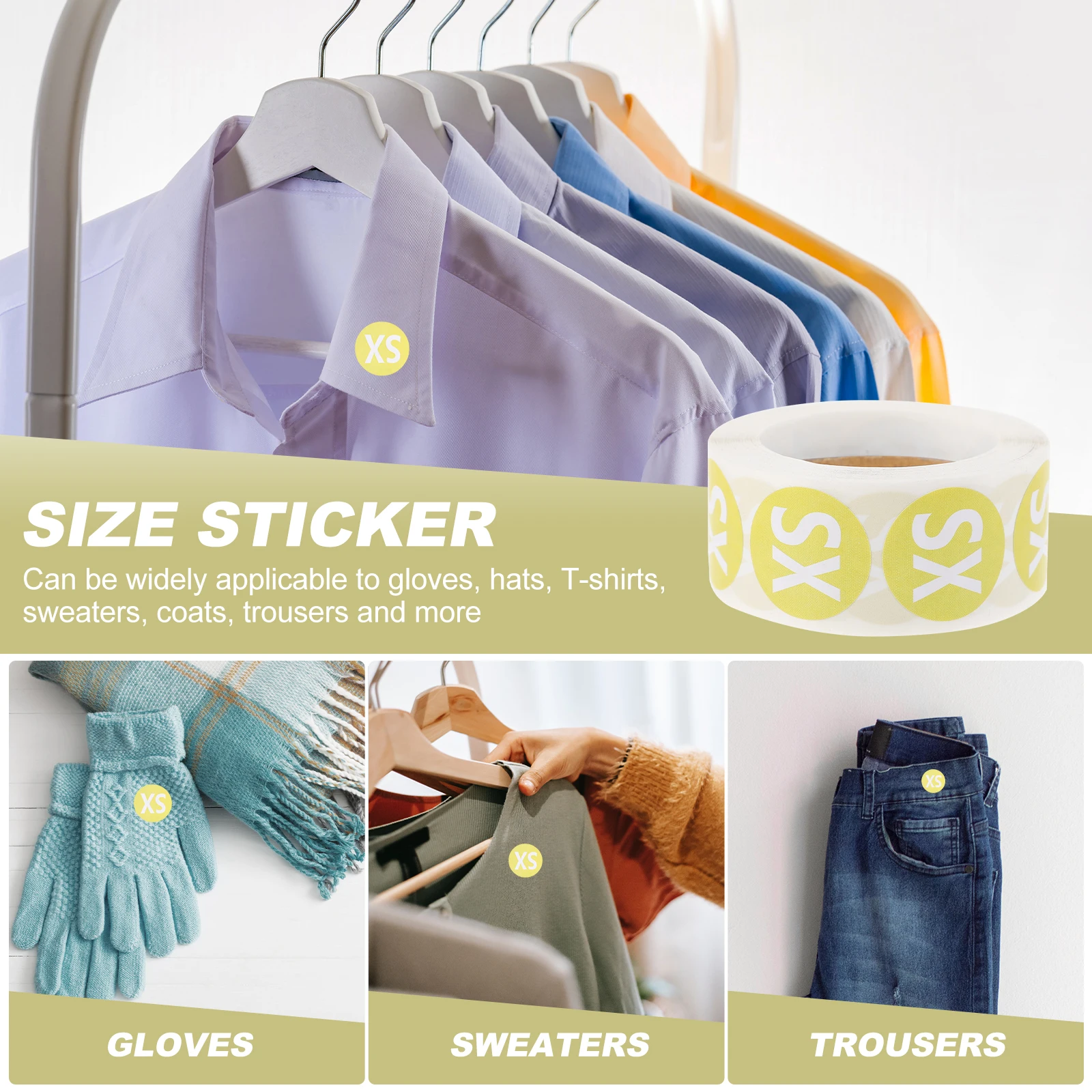 

2 Roll Clothing Size Stickers Round Label Self Adhesive Paper Tags for Gloves Hats T Shirts Sweaters Coats Pants Clear Size