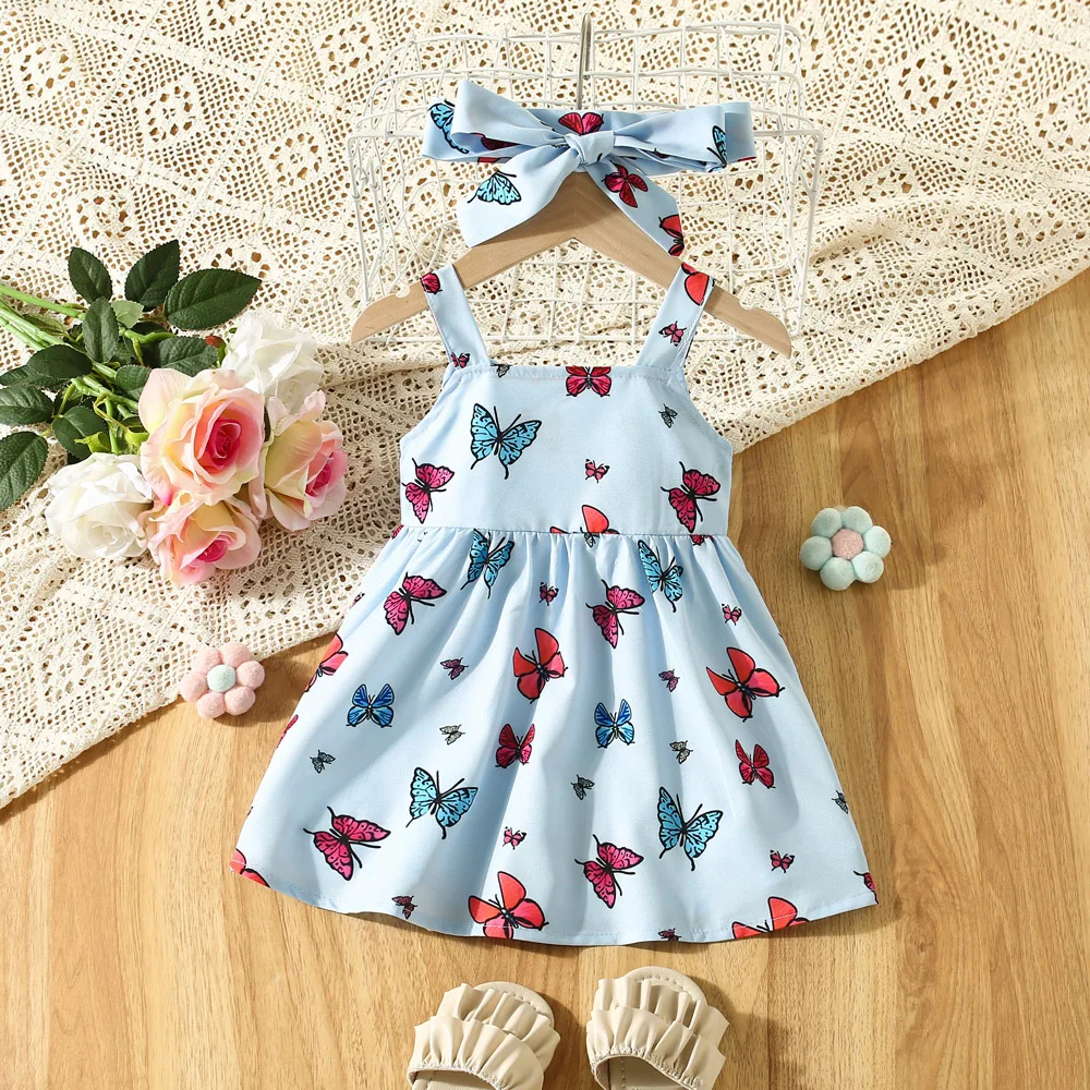 Summer Colorful Butterfly Printed Cotton Cloth Hanging Strap Baby Girl Dress Cute Bow Girl Princess Dress With Headband