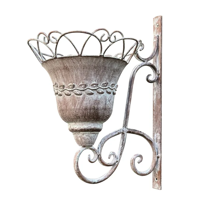 

European garden old wrought iron flower basket decoration outdoor courtyard plant flower pot hanging wall