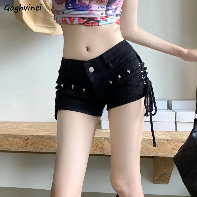 Denim Shorts for Women Black Bandage Design Korean Fashion Vintage Chic Sexy Spicy Girls Summer Hip-covering Y2k Tight Fit Ins