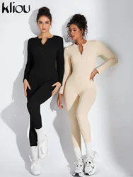 kliou Concise Women Jumpsuit Solid Sporty Trend Single Breasted Full Sleeve O-neck Stretch Slim Overalls Female Active One Piece