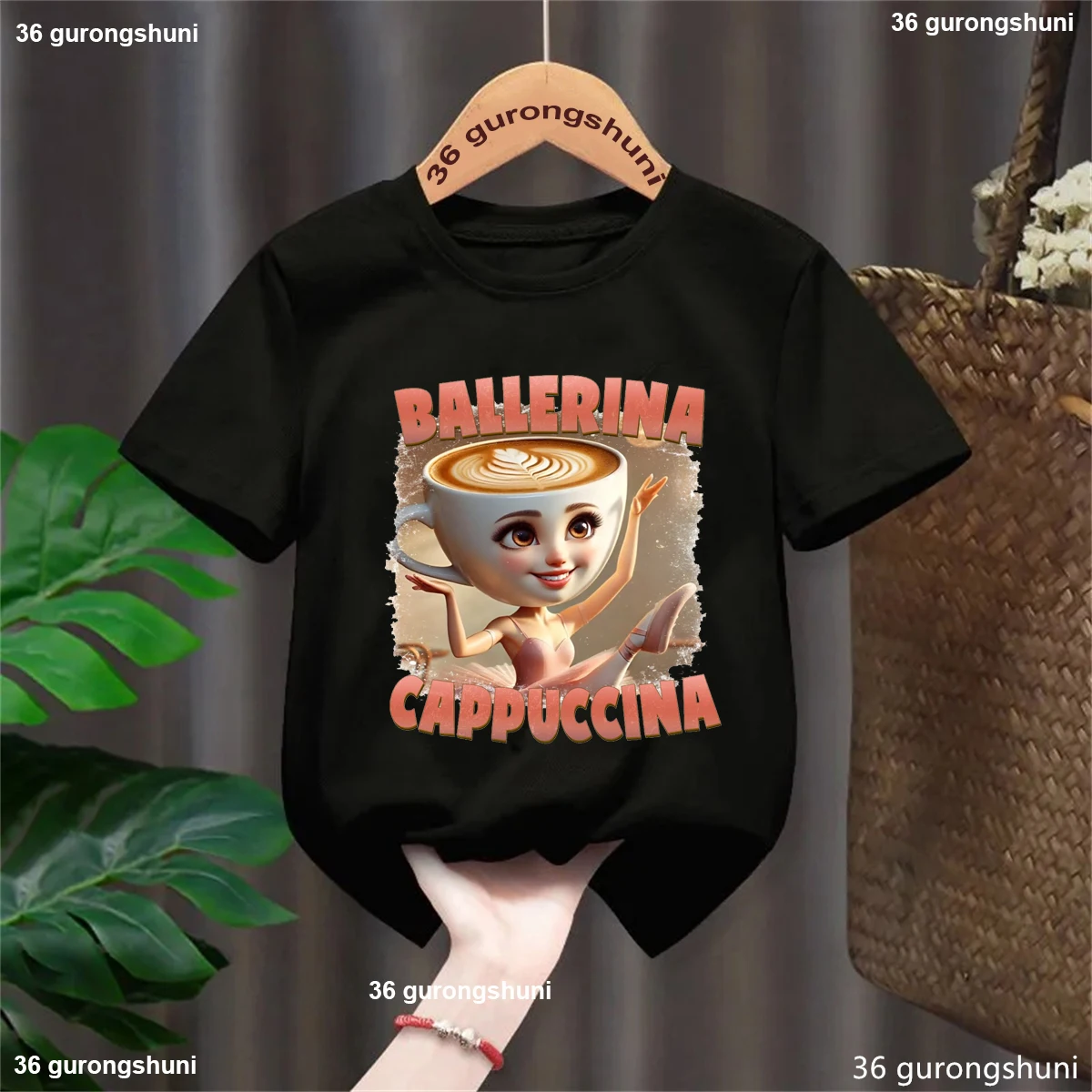 

Ballerina Cappucina Graphic Printed Tshirt Girls Funny Kids Clothes Summer Fashion Short Sleeve White/Black/Pink/Red T-Shirt