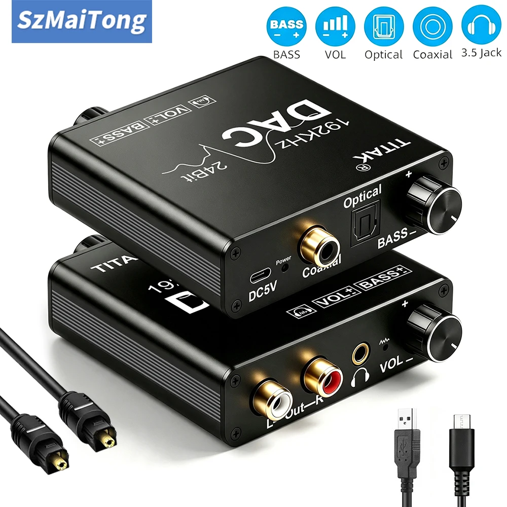 Digital to Analog Audio Converter 192KHz DAC Digital SPDIF Coaxial Optical to L/R RCA Audio Adapter with Bass and Volume Control