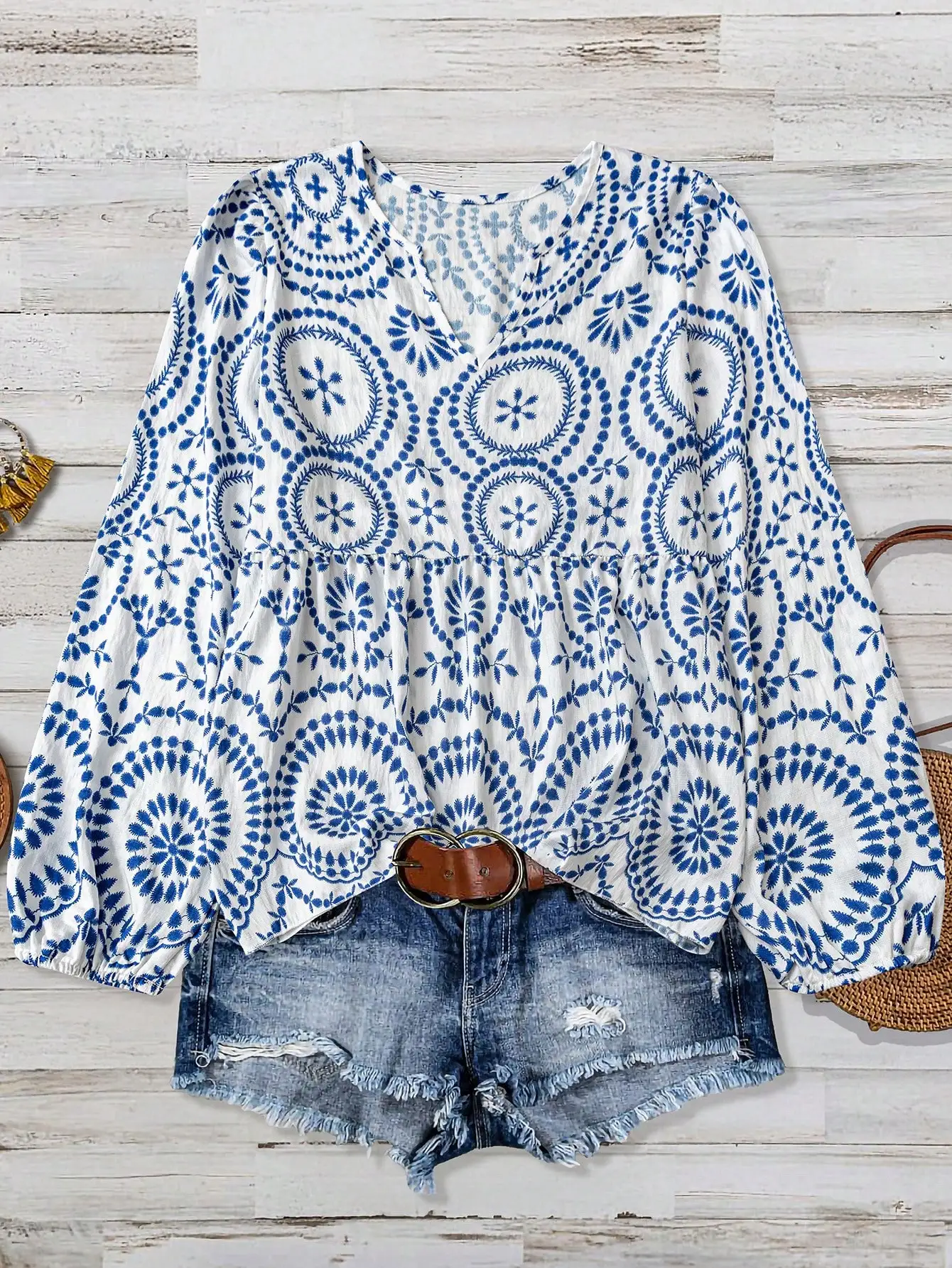 

Женская повседневная блузка больших размеров с бамбуковым принтом и длинными рукавами, весенняя