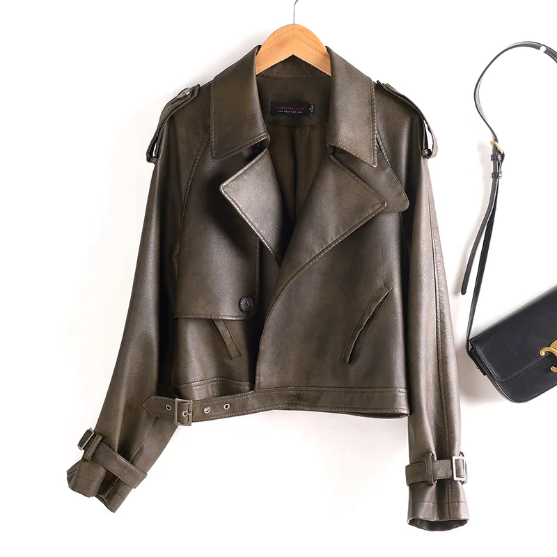 2026 Новая модная короткая кожаная куртка, женское пальто из искусственной кожи, весенне-осенний повседневный топ с отложным воротником, женская уличная одежда, свободная верхняя одежда