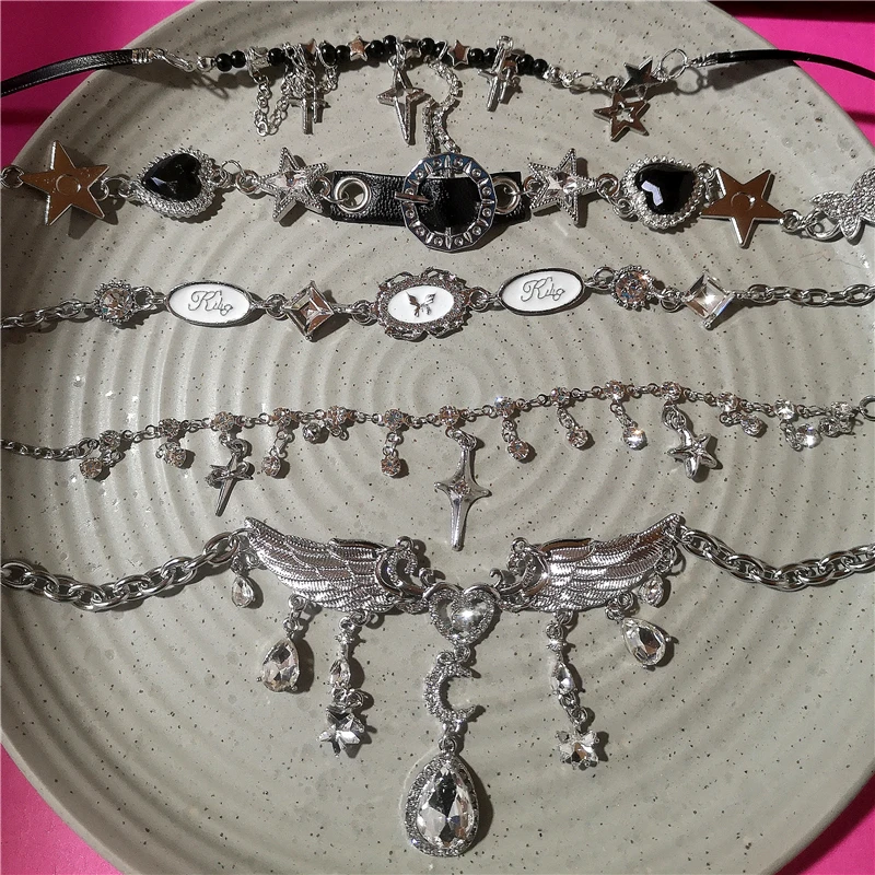 Glänzende Kristall Flügel Herz Stern Silber Farbe Choker Halsketten Für Frauen Quaste Strass Kette Halsketten Aussagen Schmuck