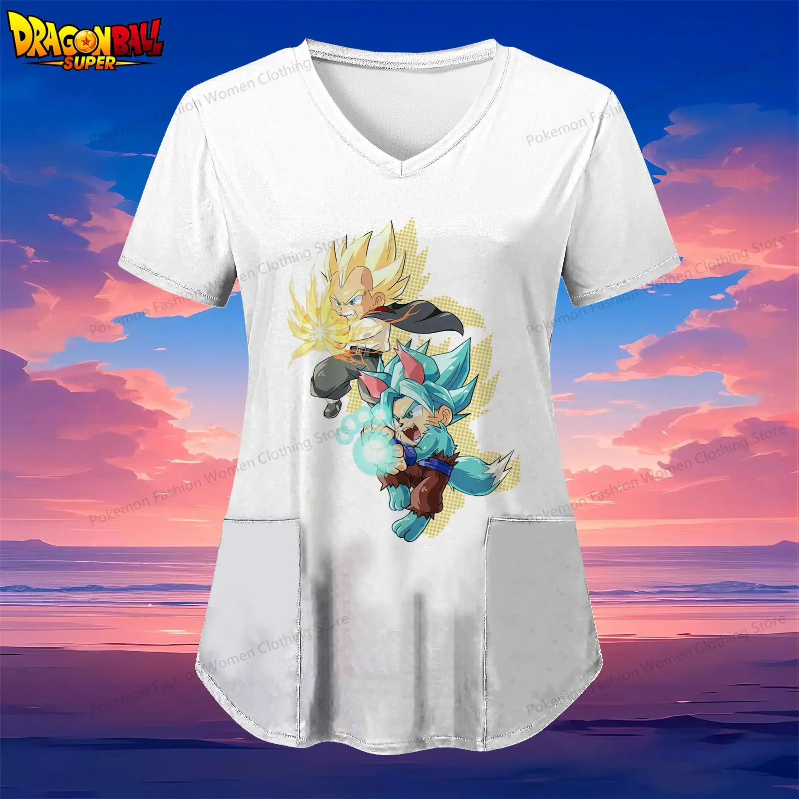 Damska koszulka pielęgniarki z dekoltem w szpic Dragon Ball Kakarotto Kieszeń Odzież damska 2024 S-2XL Koszulka z krótkim rękawem Y2k Anime Lato