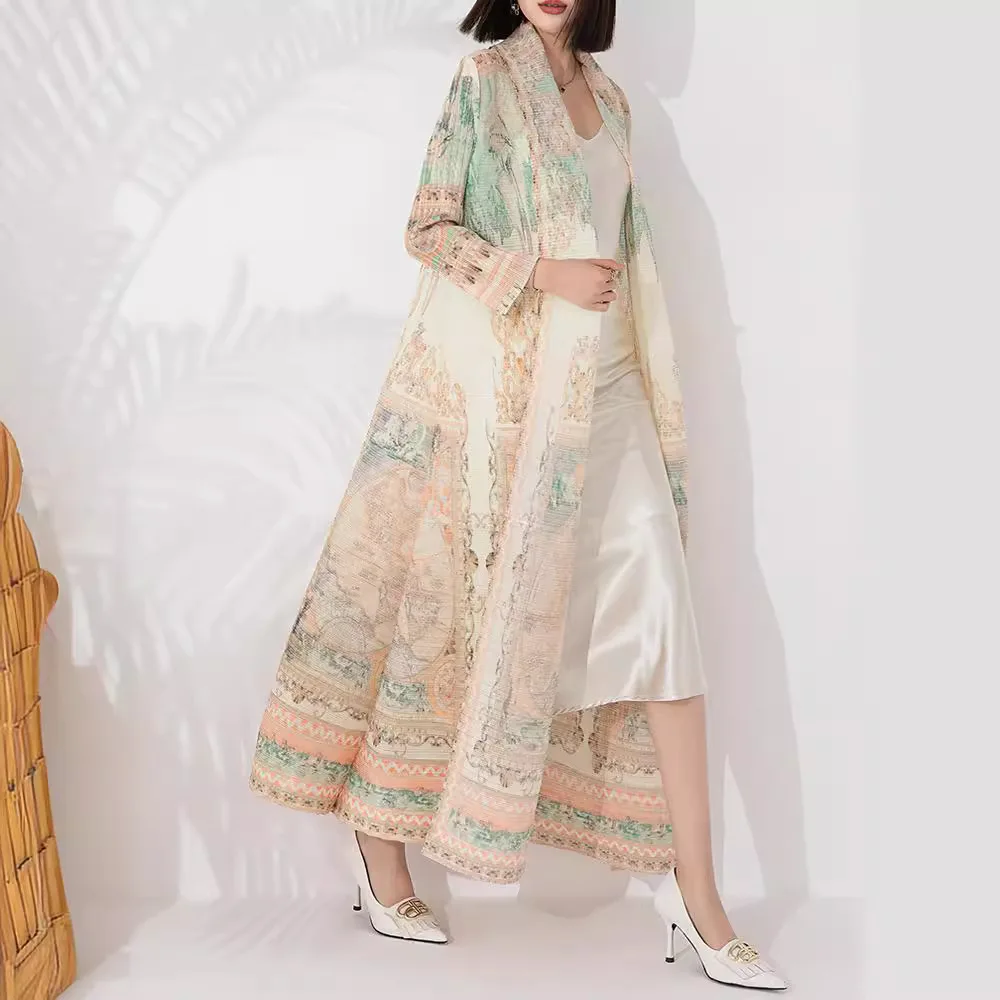 

Женское плиссированное платье миаке, длинное пальто с отложным воротником и длинным рукавом, новое дизайнерское платье-кардиган с принтом на весну