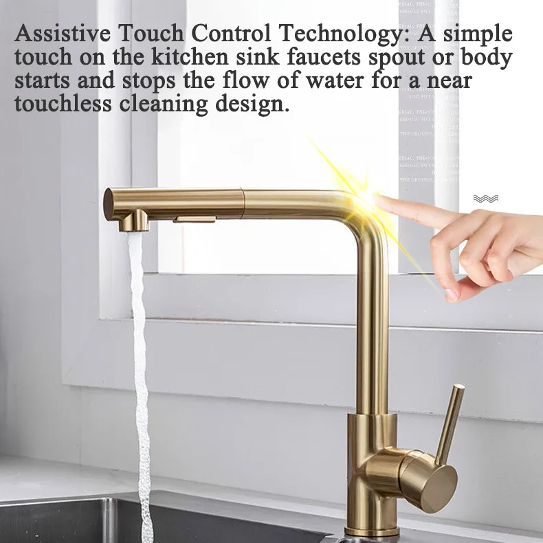 Brushed Gold Touch Kitchen Sink Faucets Hot Cold Pull Out Kitchen Sink Mixer Tap Stainless Steel Touch on Kitchen Faucets