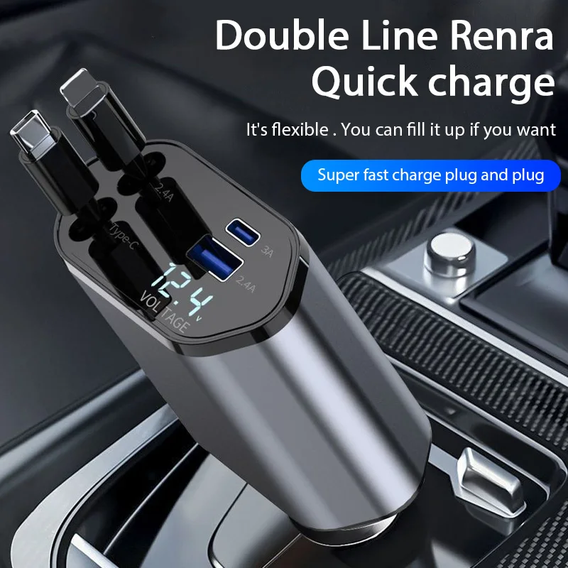 120W Retractable Car Charger with USB Type C Cable 4 in 1 Fast Charging Car Phone Charger For iPhone Charger Adapter