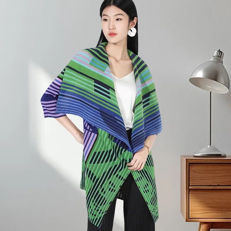 

Pleated Printed Fashion Casual Outer Poncho Miyake New Large Lapel Cardigan Medium Long Shawl Tops Sun Protective Clothing