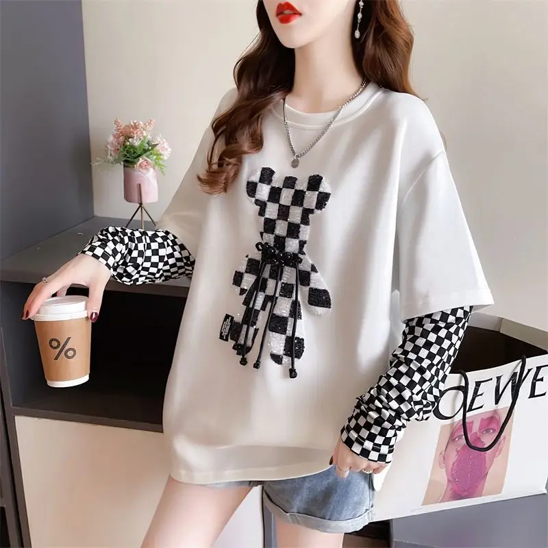 Jesień Casual Patchwork Plaid O-neck Long Sleeve T-Shirts Female Fashion Diamonds Pullover Top Tee Odzież damska Sznurowana koszulka