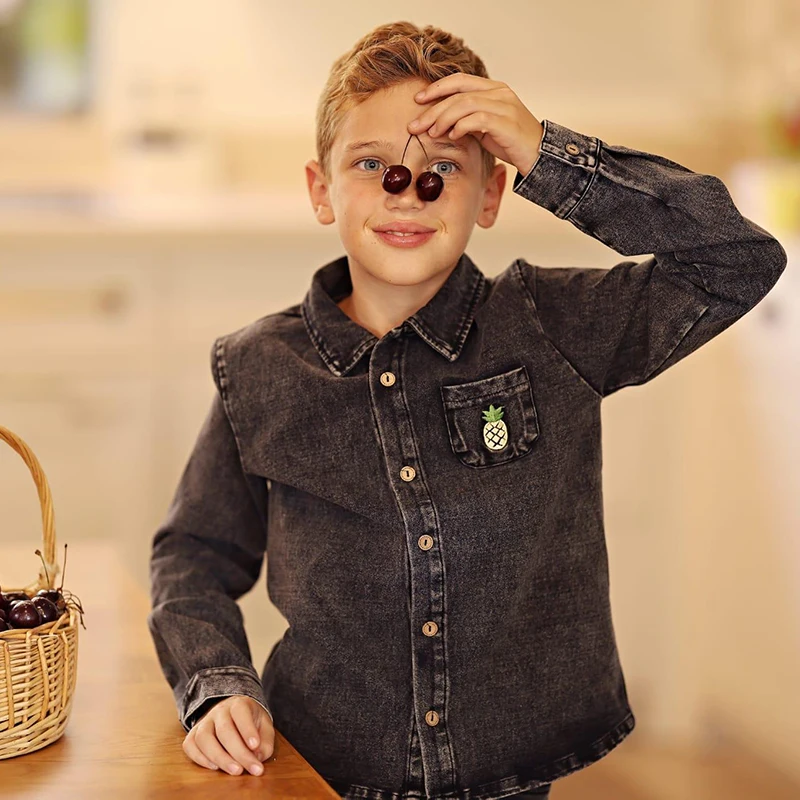 Herbst-Winter Denim Schwarz Kinderbekleidungsset - Familien-Matching-Outfits für Jungen und Mädchen mit Hemd und Strampler – Detail 14