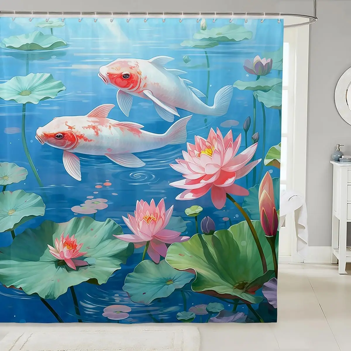 

Feelyou Pink Lotus Shower Curtain Koi Fish Lotus Flower Pond Water Garden Shower Curtain Asian Zen Style Bathroom Decoration
