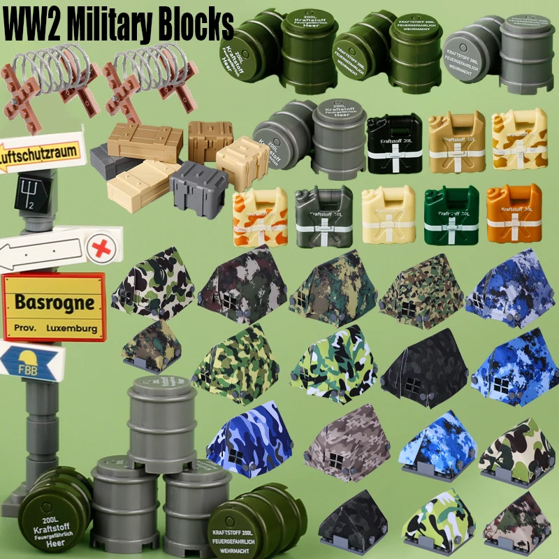 WW2 Military Oil Drum Building Blocks Army Soldier Figures War Infantry Accessories Tent Fence Weapon Box Barrel Bricks Toys Boy