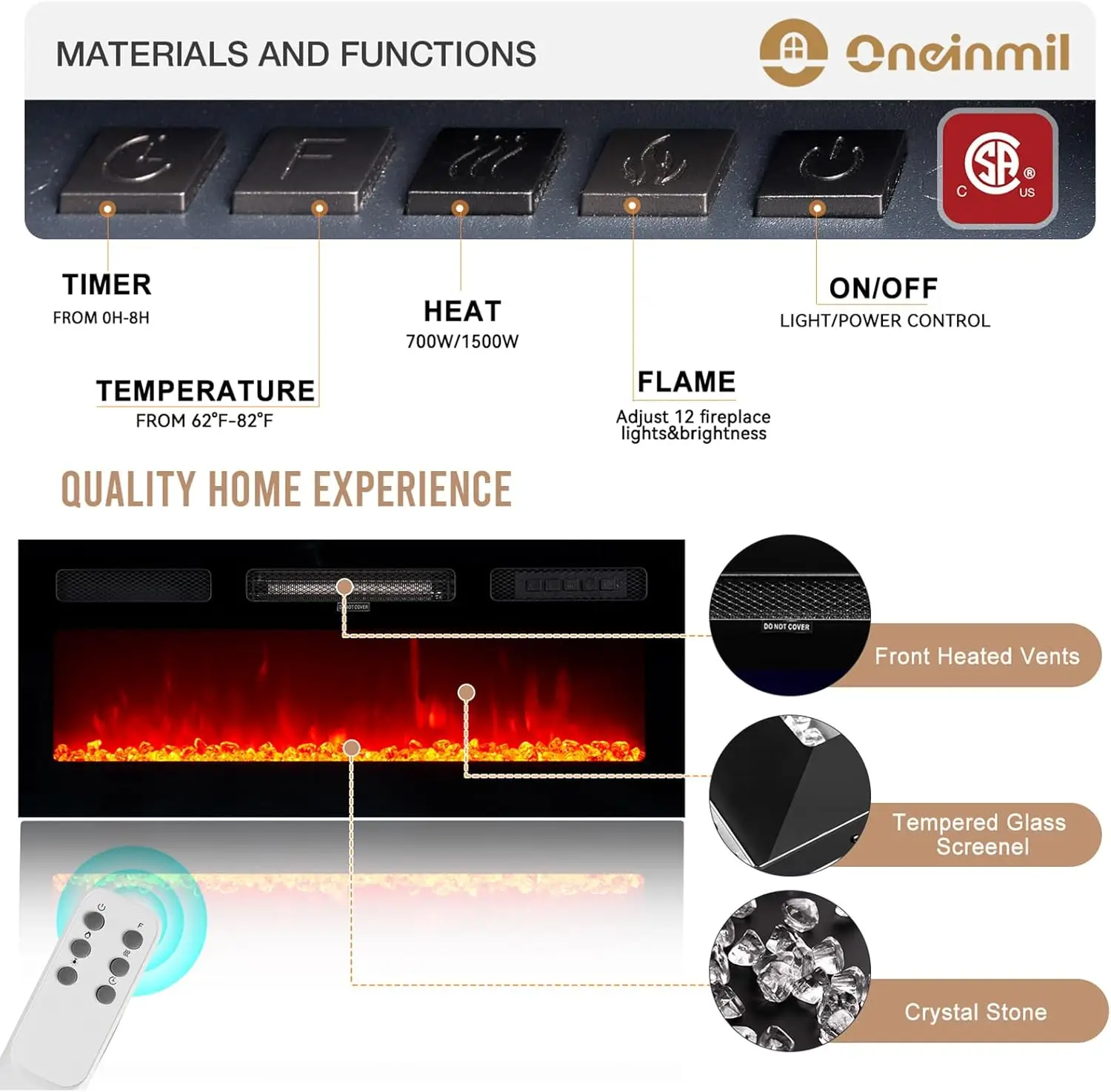 oneinmil 70" moderner elektrischer Kamin-TV-Ständer für Fernseher bis zu 80 Zoll, mit elektronischer Flamme und LED-Leuchten, luxuriöses Hochglanz-F