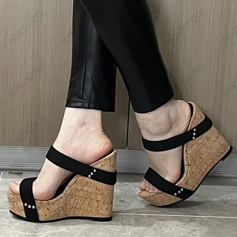 Ronticool Real Photos Women Summer Platform Sandals Wedges High Heels Round Toe Beautiful Black Dress Shoes US Plus Size 4-20