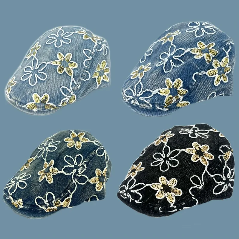 Floral Sequin Embroidery Ivy Cap Men Women Adjustable Buckle Flat Beret Breathable Washed Jean Hat for Travel Daily Streetwear