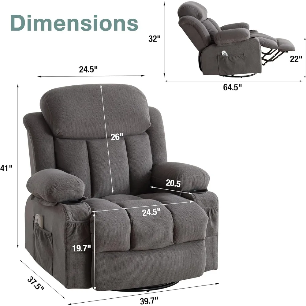 Massage Recliner Chair, Swivel and Rocking Recliner with Heat and Vibration, Breathable Fabric Ergonomic Single Sofa Chair for L